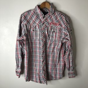 Coogi Button Down Shirt Womens Large Red Plaid Embroidered Long Sleeve Shirt